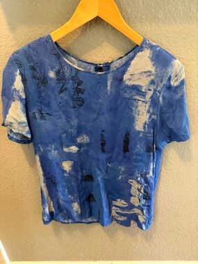Vintage Gianni Cut the Lights Sport Crop Top S Blue Abstract Floral Y2K Blouse